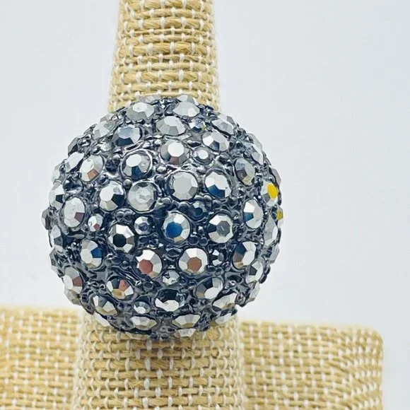 Dark Faceted Rhinestone Dome Ring Gunmetal Stretch Glam Bling Sparkle Holiday - Picture 5 of 8